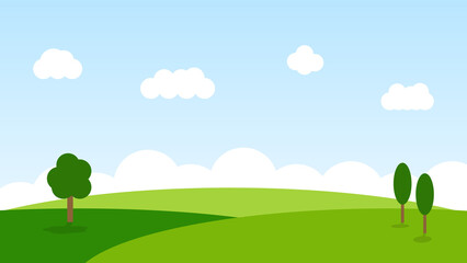 Fototapeta premium landscape cartoon scene with green hills and white cloud in summer blue sky background
