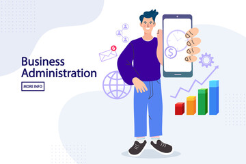 A professional man presents a business administration app on his smartphone. Icons for global reach, growth, and communication illustrate a complete and efficient management solution.