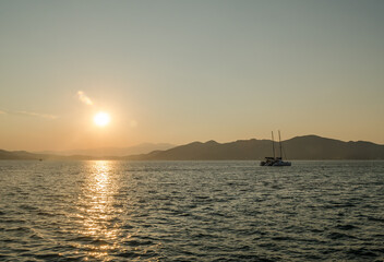 Evia island, Greece - July 01. 2020: Sunset on the island of Evia, Greece.
