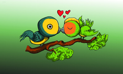 Green birds in love kissing cartoon vector hand drawn illustration