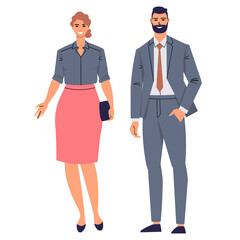 Business man and business woman isolated on a white background. Business team in flat style. Elegant man and woman, businessmen, politicians standing. Vector illustration.