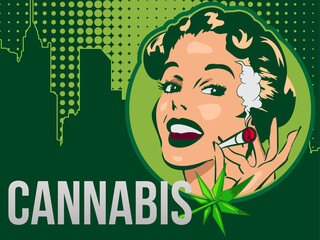 Retro poster with happy lady smoking joint. Marijuana leaf. Cannabis vector design template