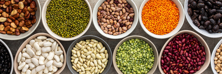 Banner of different types of legumes in bowls, yellow peas and chickpeas , colored beans and...