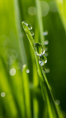 Fototapeta premium macro wet spring green grass background with dew. natural beautiful water drop on leaf in sunlight, image of purity and freshness of nature, copy space. ecology, fresh wallpaper concept.