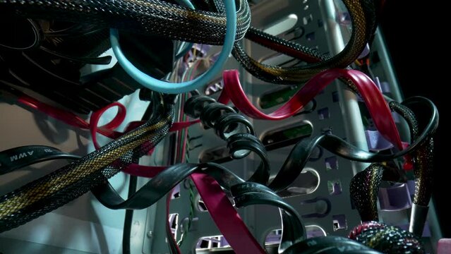 Camera movement inside an computer system unit. Shooting in motion, PC inside, wires and structure of computer. Close up computer components, electronic equipment Pc. Technological background.