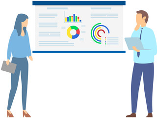 Manager makes presentation of statistical report analysis charts. Planning business. Teamwork consulting for project management, financial reporting and strategy. Data analysis research statistics