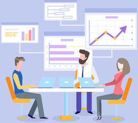 People analysing diagrams, brainstorming, coworking. Marketing research results presentation. Colleagues in office discuss statistical indicators, business statistics. Employees work in data analysis