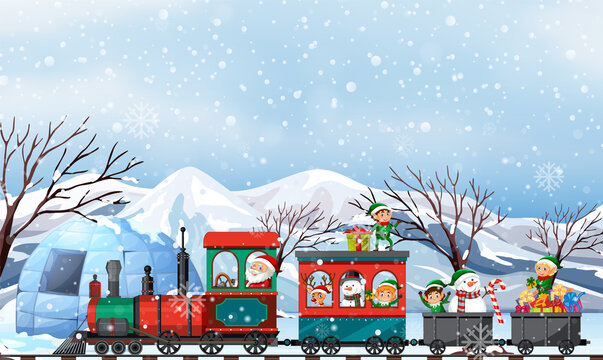 Santa and christmas elf on the train