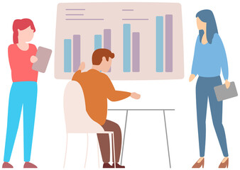Manager makes presentation of statistical report analysis charts. Planning business. Teamwork consulting for project management, financial reporting and strategy. Data analysis research statistics