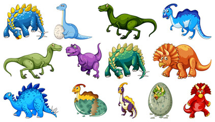 Many dinosaurs on white background