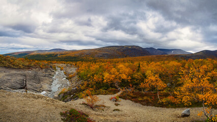 North Russia Khibiny mountains in autumn mountain lake and forest. Murmansk region