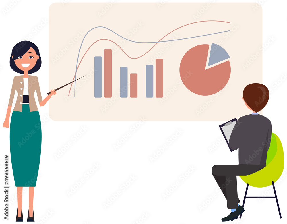 Poster manager makes presentation of statistical report analysis charts. planning business. teamwork consul