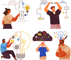 Mindset types set structural, analytical, logical and creative artistic personality predisposition, people with different thinking concept. Mind behavior, mental perceiving, psychological concept