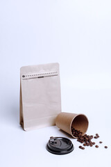 Pouch bag with zip lock and valve, take away paper cup with seeds, on white background, coffee set mock up. Use for template your design, presentation, promo, ad. 