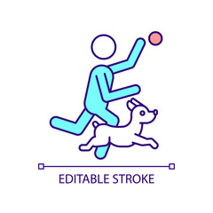 Playing with dog outside RGB color icon. Entertaining pet outdoor. Safe ball game with dog. Isolated vector illustration. Simple filled line drawing. Editable stroke. Arial font used