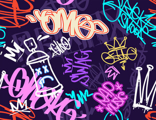 Graffiti street art tags - vector seamless pattern. Rap and hip-hop elements on endless purple background. Graffiti design for print tee, apparel and textile design. Hip-hop street art background