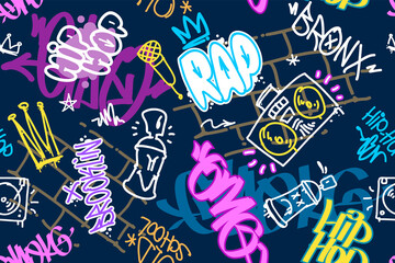 Hip-hop Graffiti and Rap music elements - vector seamless pattern background. Street art Tags on endless background. Graffiti design for print tee, apparel and textile design. Hip-hop grafitti art 