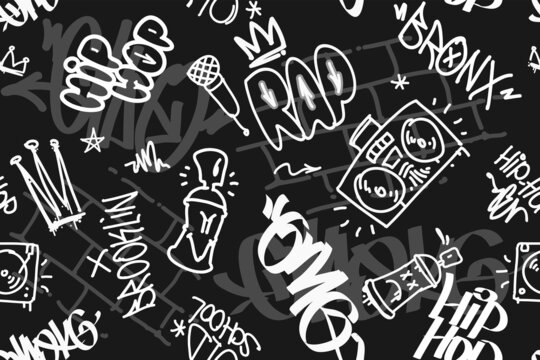 Hip-hop Graffiti and Rap music elements - vector seamless pattern background. Street art Tags on endless background. Graffiti design for print tee, apparel and textile design. Hip-hop grafitti art 
