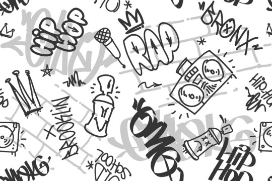 Graffiti street art tags - vector seamless pattern. Rap and hip-hop elements on endless white background. Graffiti design for print tee, apparel and textile design. Hip-hop street art background