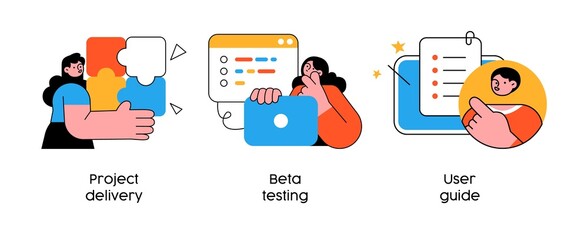 Customer experience abstract concept vector illustration set. Project delivery, beta testing, user guide abstract metaphor.