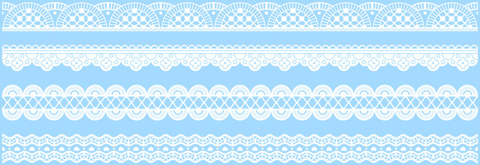 Set of wide lace ribbons with print. White design elements isolated on blue background. Seamless pattern for creating style of card with ornaments. Lace decoration template, ribbons for design - obrazy, fototapety, plakaty