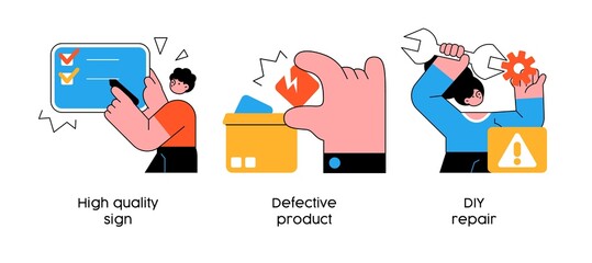 Quality control and product satisfaction research check - set of abstract business concept illustrations. High quality sign, defective product, DIY repair. Visual stories collection.