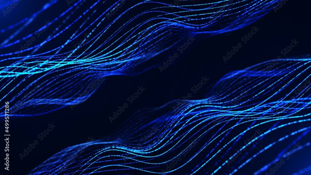 Poster shimmer animated double wave. plexus of lines, strings. connection water and ice. glow blue threads.
