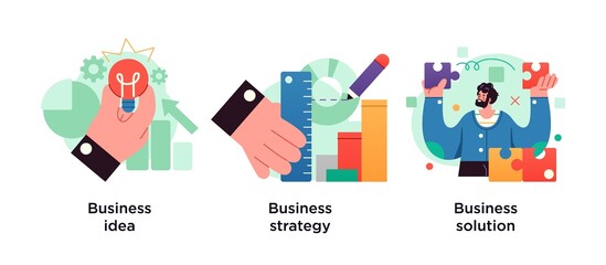 Business plan abstract concept vector illustration set. Business idea, strategy and solution abstract metaphor.