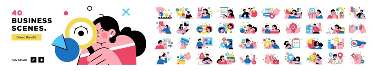 Business Concept illustrations. Mega set. Collection of scenes with men and women taking part in business activities. Vector illustration
