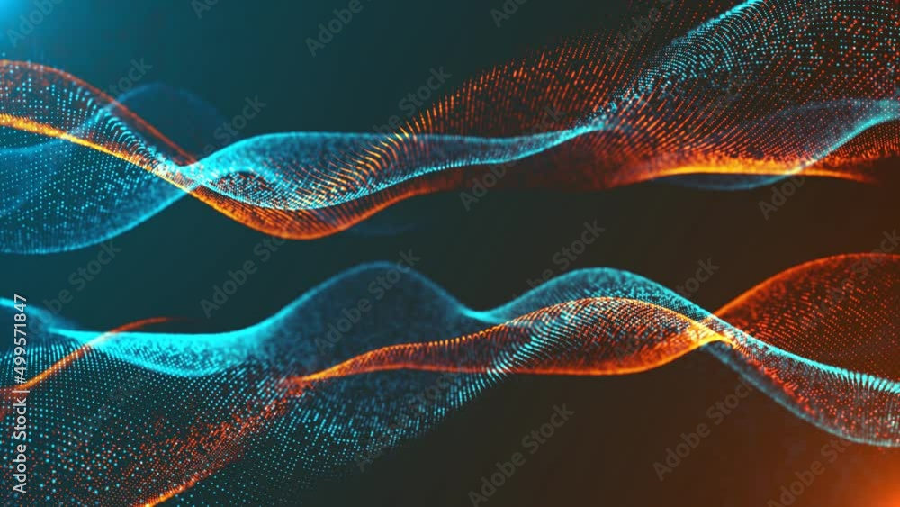 Poster shimmer animated double wave. plexus of lines, point. connection fire and ice. glow dots. diffusion 