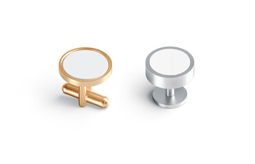 Blank round gold, silver cufflinks stud and toggle mockup, isolated