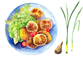 watercolor illustration of food potato croquettes and vegetables