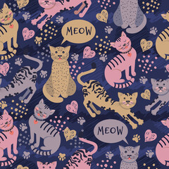 Seamless grunge vector pattern with cute cats. Modern bright background with funny kittens and hearts. Repeating template with animal tracks. Wallpaper with pets for children's textiles.