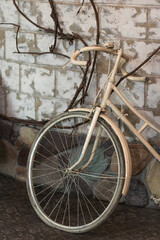 Retro bike is beige indoors. Photo of an old bicycle as an element of the interior