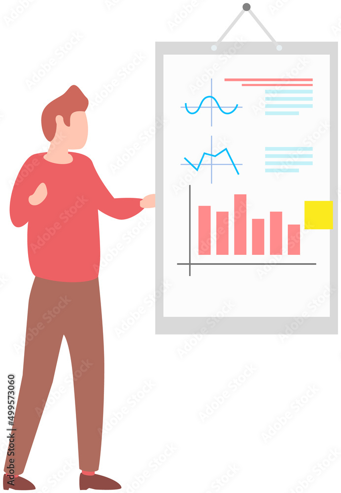Poster man standing next to flipchart with diagram. presentation board with statistical data. business repo