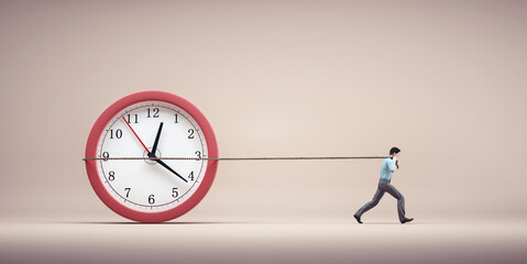 Man drag a clock with a rope.