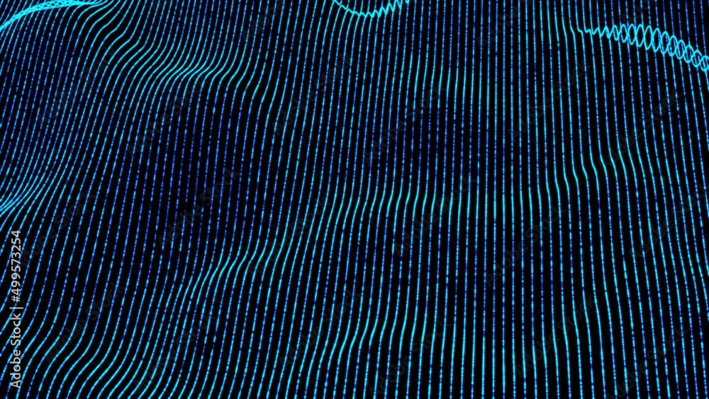 Poster glowing animation of wave field. chaotic motion of sea wave. flow of lines, strings. fast current. o