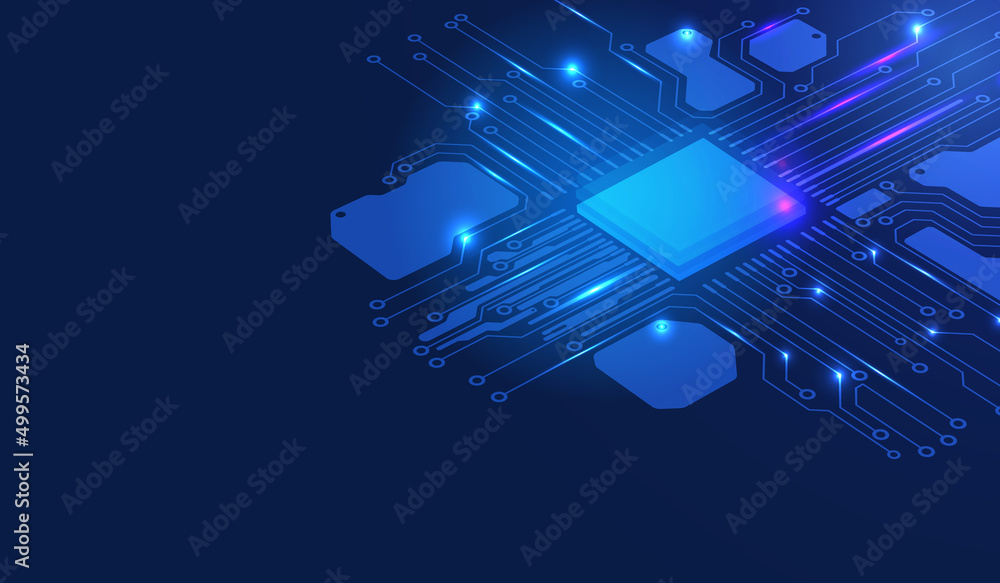 Poster Abstract CPU Digital Cloud Storage Driving System Concept with Circuit Board Line Technological Communication Transfer Blue Color Vector Background.