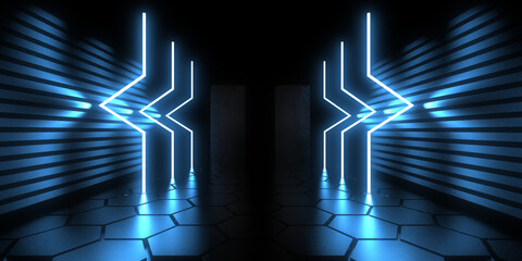 3D abstract background with neon lights. neon tunnel  .space construction . .3d illustration