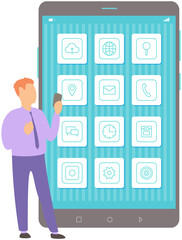 Man looks at icons of applications on smartphone screen. Social networks, media, phone programs vector illustration. Modern phone desktop interface with apps. User studies programs of mobile device