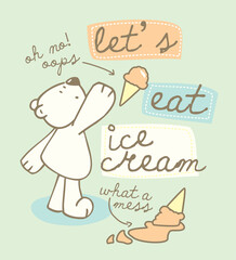 Little teddy eating ice cream cartoon vector illustration for kids t shirt garment print, greeting card invitation, badges, stickers, book covers, pajamas and mugs