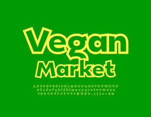 Fototapeta na wymiar Vector green emblem Vegan Market. Creative bright Font. Modern Alphabet Letters, Numbers and Symbols set