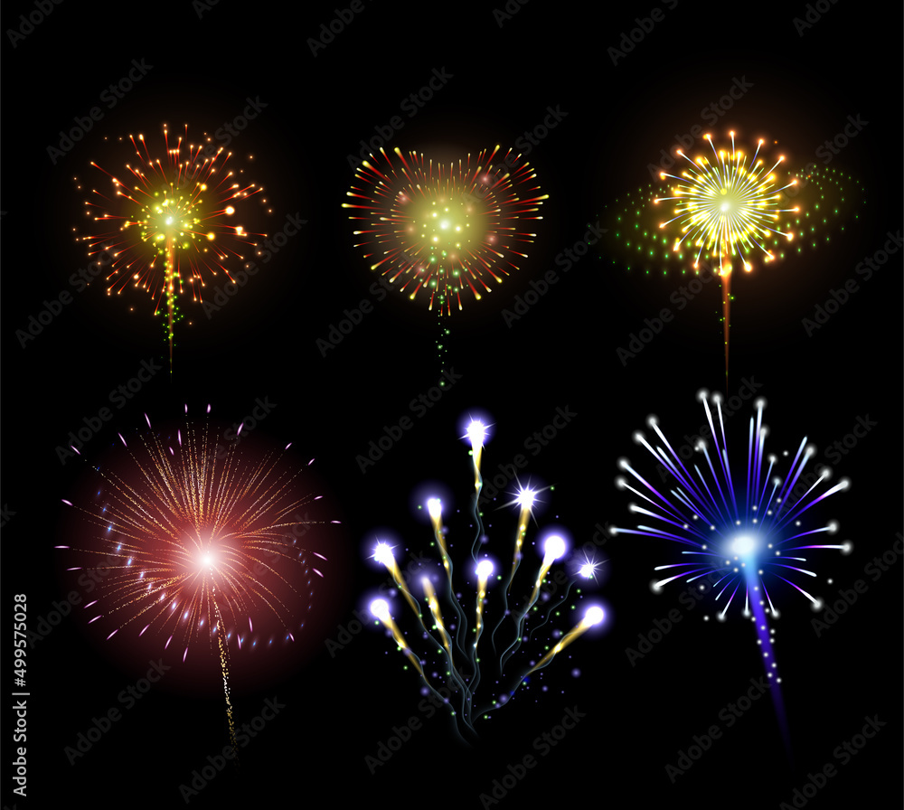 Wall mural night fireworks realistic set