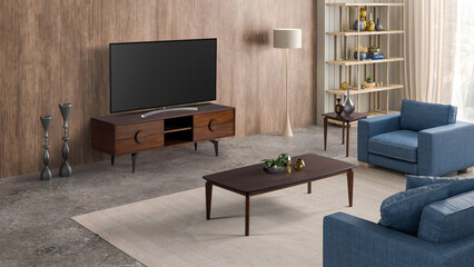 Interior design of modern TV room. 3D rendering. Decorated