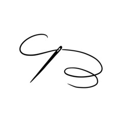 Tailor needle with thread. Hand drawn doodle sketch style sewing needle element. Craft, embroidery tool for textile, sewing shop design. Vector illustration.