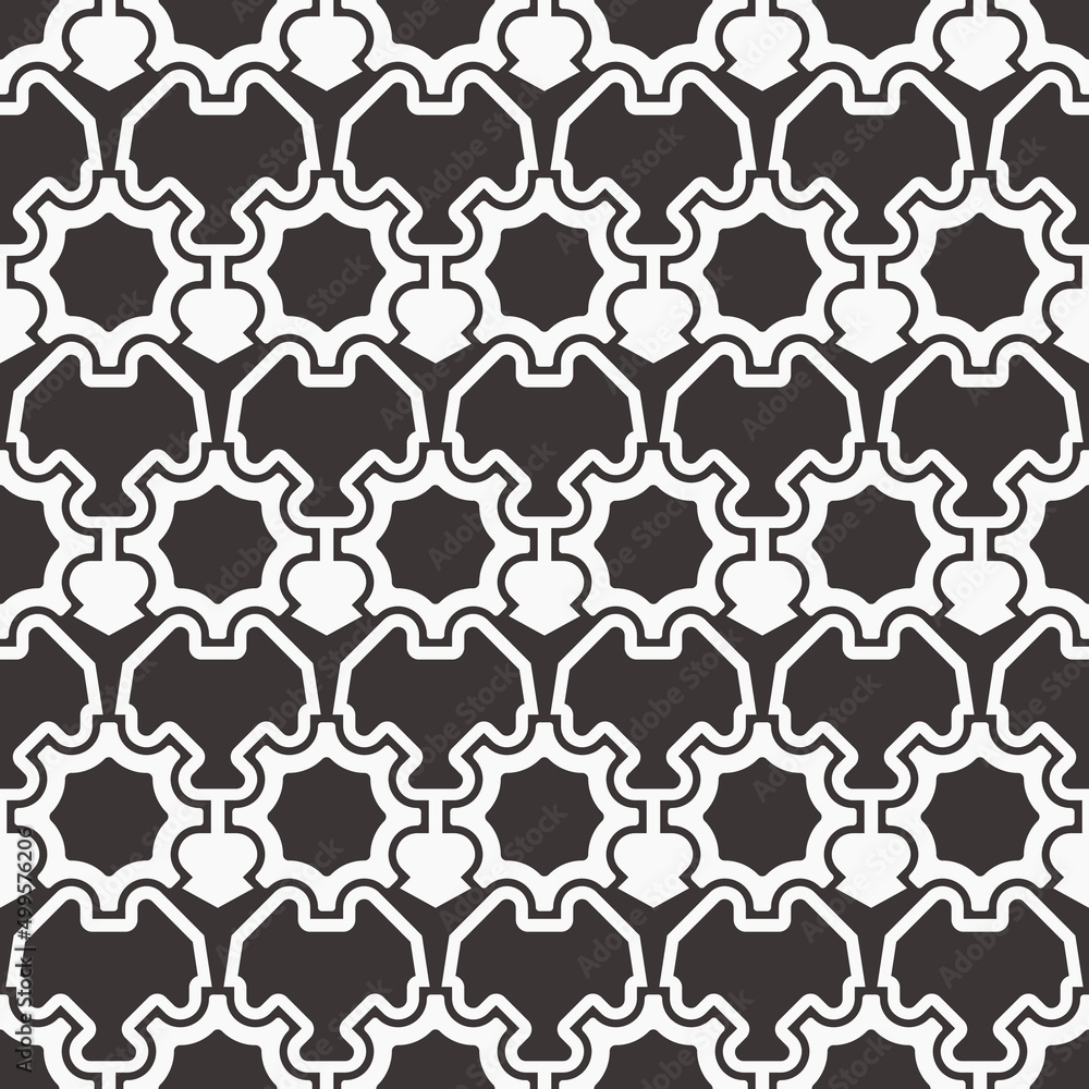 Poster Black repeating shapes in a row create a pattern pattern that is interconnected. Black and white canvas with shapes, makes a pattern of gears.