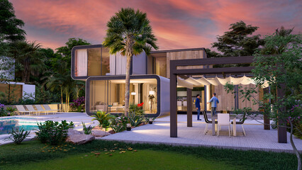 Obraz premium Stylish contemporary house at sunset