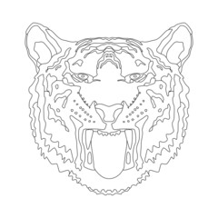 Linear image of a head of a tiger with fangs, a coloring book for children and adults.