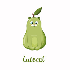 Cute cartoon cat pear on a white background. A comic character in the style of a cartoon with the inscription cute cat. Vector illustration for prints, textiles, stickers, notebooks.