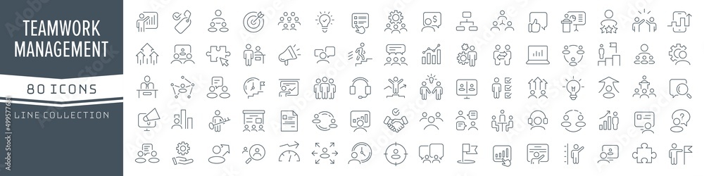 Poster teamwork and management line icons collection. big ui icon set in a flat design. thin outline icons 